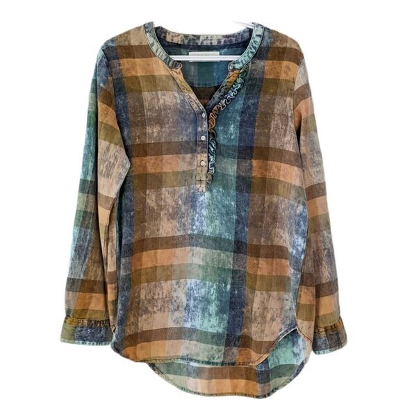 Anthropologie Isabella Sinclair Plaid Ruffle Shirt Top Medium @L1 - Picture 2 of 9